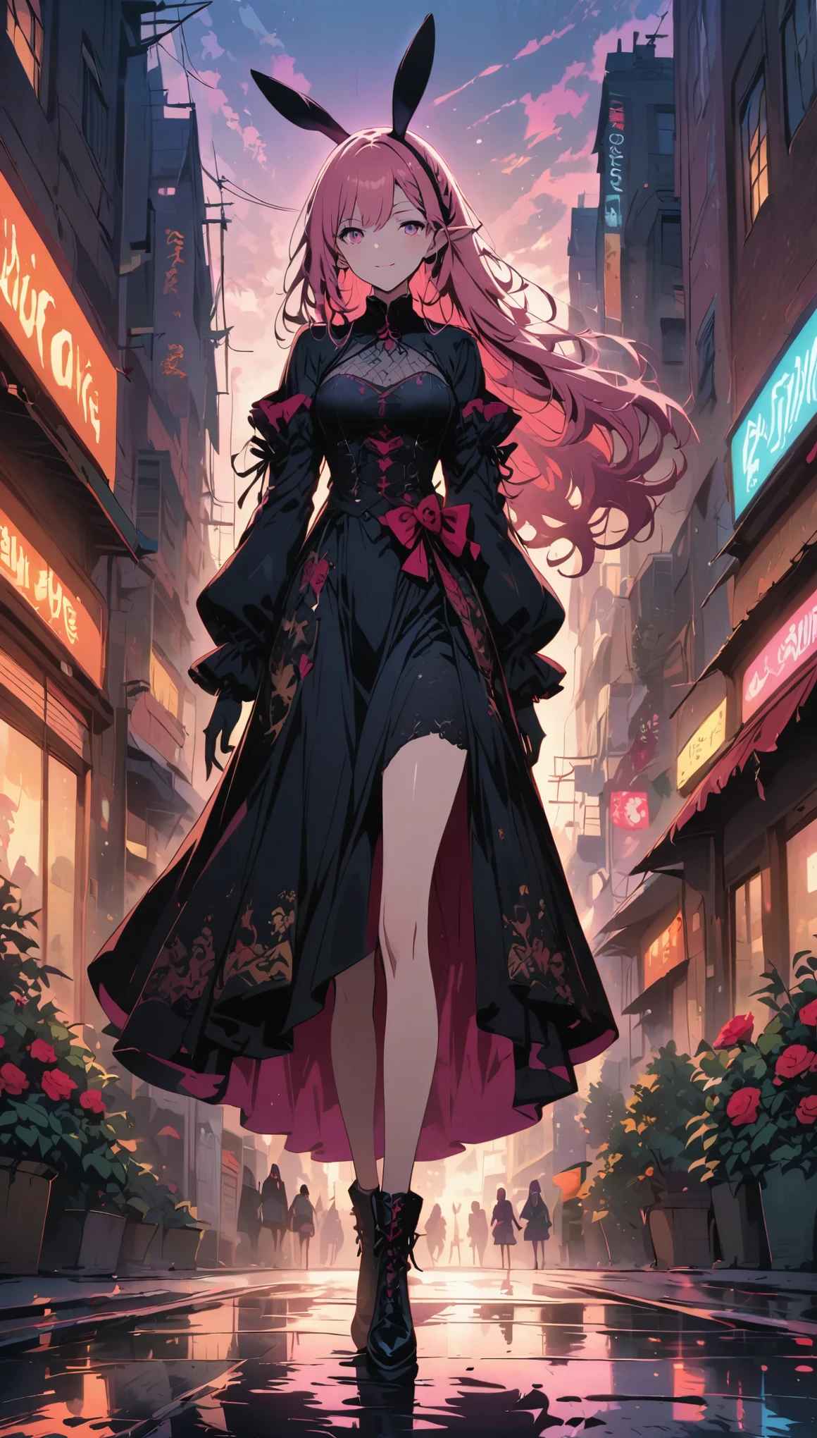 Anime-Stil, eine Frau mit Ohren und einem Hasenschwanz, Mit einem Hasenschwanz, mit Hasenohren, Mädchen-Design, Zweitklassig,Auf der Straße stehen, Gisha, Anime-Bild, lange Haare, pinkes Haar, Haare, die die Ohren bedecken, Glücklich, polierter und kraftvoller Look, verstimmt, Hoch  