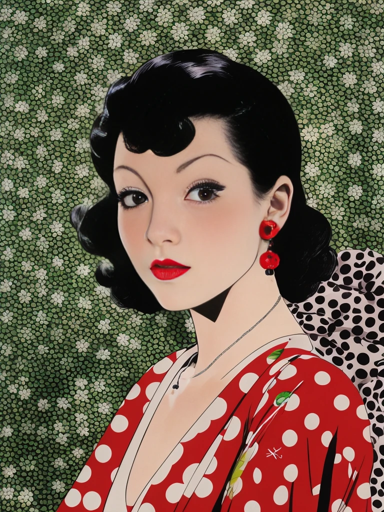 background with polka dots　Woman posing alone　She is wearing red lipstick and small black earrings.、on the axis of light、　Taisho Roman　japanese manga　America in the 70s　Mary Cassatt、patrick nagel、look at the camera sarcastically((dark movie))portrait
