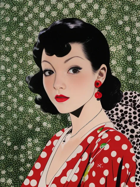 background with polka dots　woman posing alone　she is wearing red lipstick and small black earrings.、on the axis of light、　taisho...