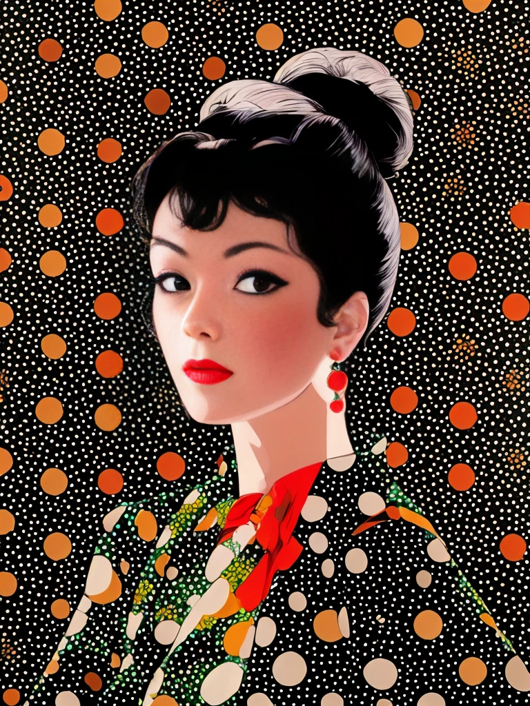 background with polka dots　Woman posing alone　She is wearing red lipstick and small black earrings.、on the axis of light、　Taisho Roman　japanese manga　America in the 70s　Mary Cassatt、patrick nagel、look at the camera sarcastically((dark movie))portrait