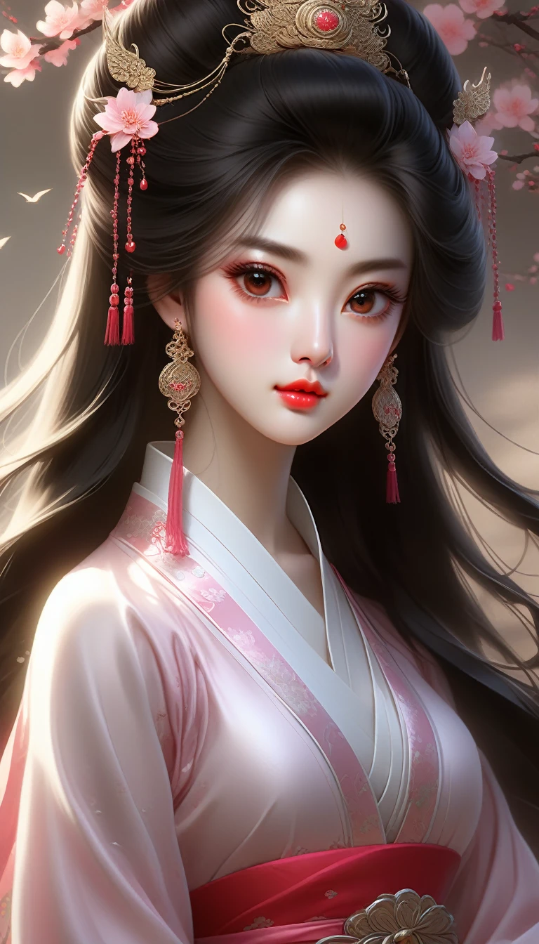 1 realistically beautiful girl, waist length hair, black eyes, ancient Ao Dai, style hanfu, wearing a thin silk shirt of ancient China, pink and smooth white skin, wearing a discreet ancient style ao dai, appears shoulders and head in the photo,cute little face, eye bags under wet makeup, plump red lips, pout, ((closed mouth:1.0)), balanced incisors, embarrassed, small face makeup detailed and very beautifull, The breasts are super round and tight, breast augmentation, blum , Cover the girl's chest with a camisole inside, blush, from front, wear earrings, necklaces, from above, looking at viewer, upturned eyes, full body, masterpiece, top quality, best quality, official art, unity 8k wallpaper, highres, ultra-high res, ultra-detailed, (photorealistic:1.2), alone, solo, Only 1 girl, style hanfu Dunhuang, 10x pixels, super realistic, ultra high quality, full body view of the girl, upper body,