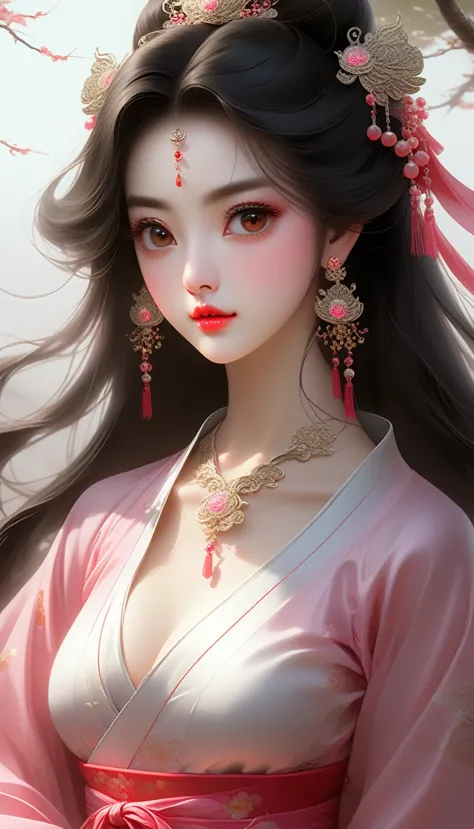 1 realistically beautiful girl, waist length hair, black eyes, ancient Ao Dai, style hanfu, wearing a thin silk shirt of ancient...