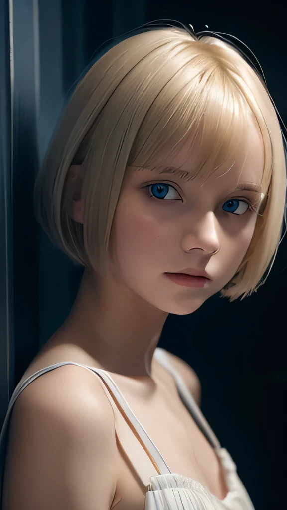 A short blonde haired sweden girl, bob cut, bang, blue eyes, 14 years old, young, pale skin, wearing a white silky dress, peeking behind a door, feeling anxiety, sad, sweaty, Ultra high res, uhd, (photorealistic:1.4), close up, doll-like face, in a dark room dramatic lighting