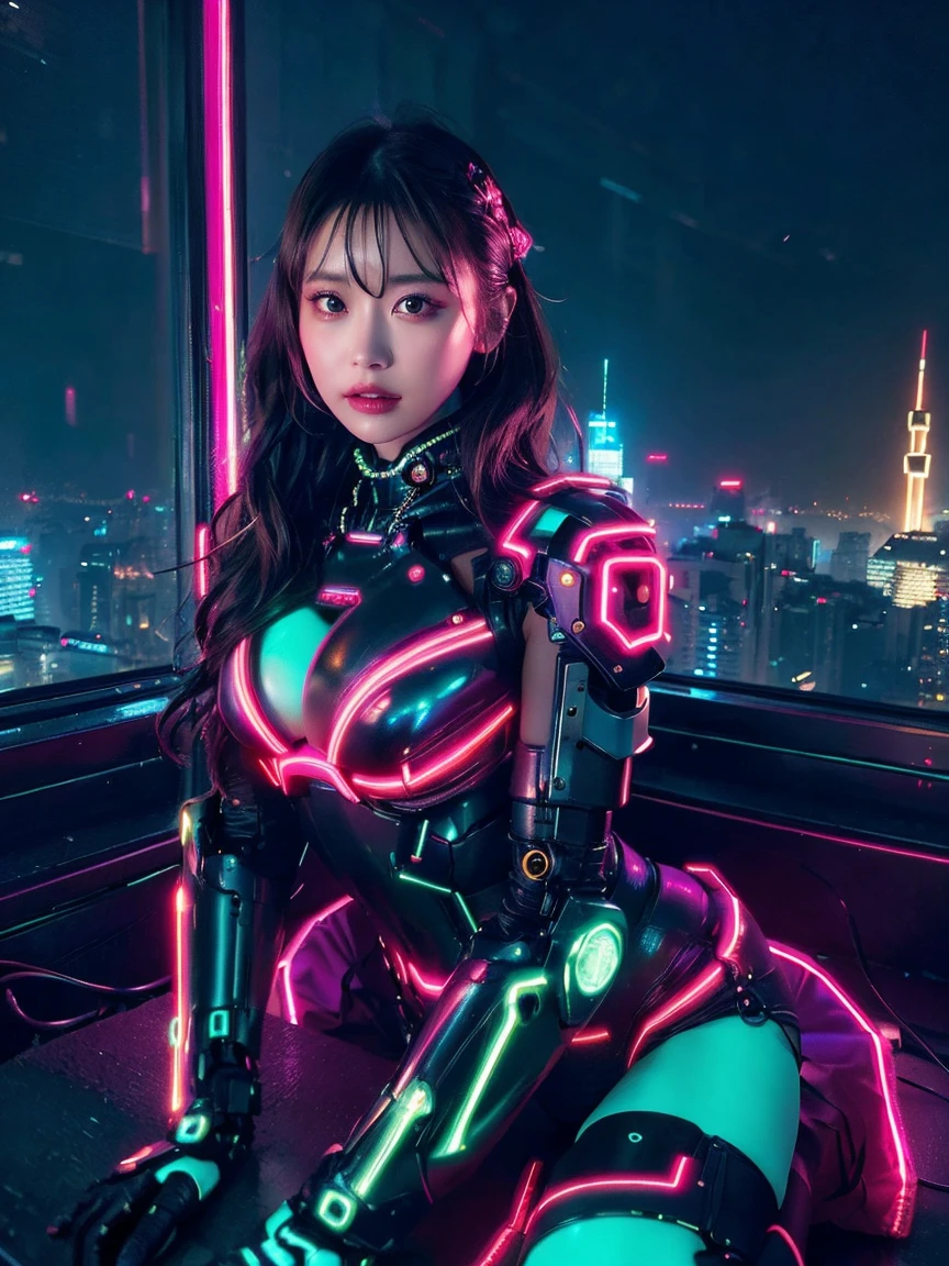 realistic、Super realistic、32K、Super detailed、masterpiece, highest quality, 1 girl, beautiful girl, beauty、small breasts, Mecha, beautiful lighting, (neon light:1.2), (night:1.5), cyberpunk costume、sitting,Cyber Neon、future city、Skyscraper、City night、Shanghai