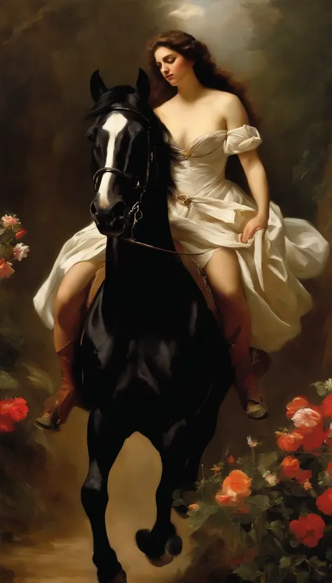 Painting of a woman riding a horse in a stable - SeaArt AI