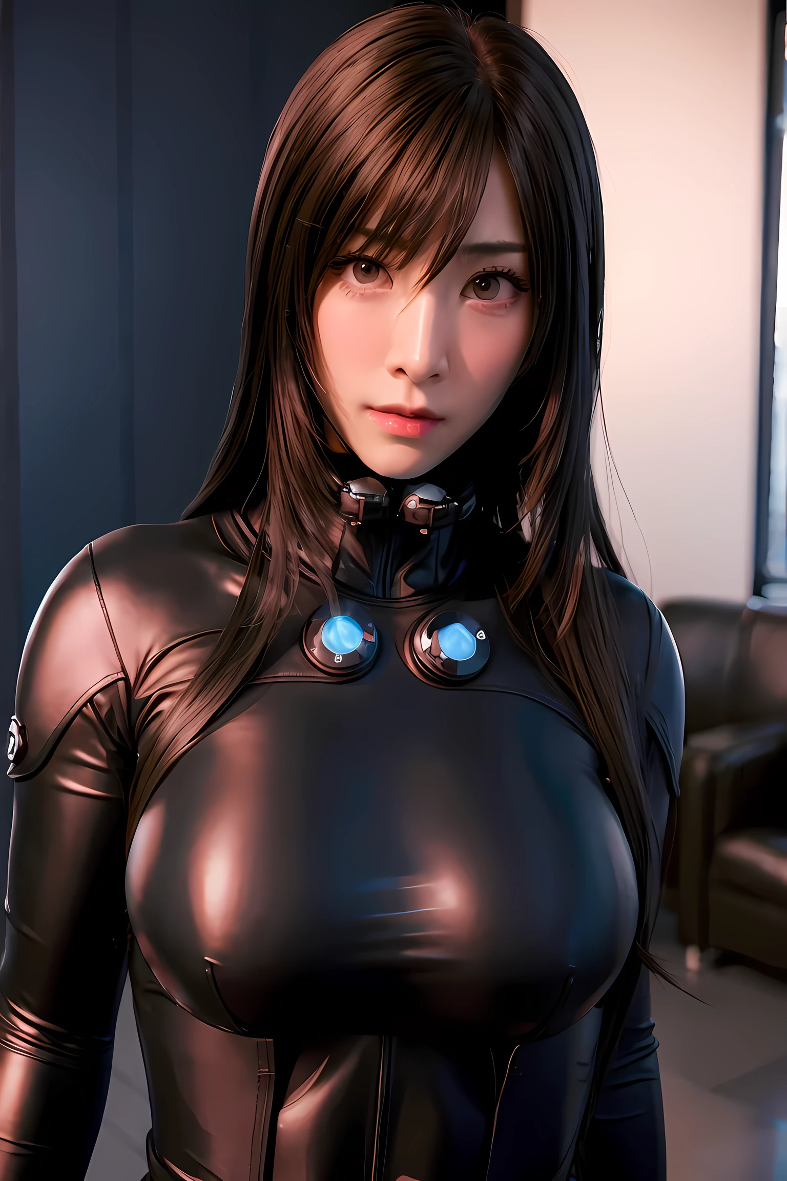 put hands cheek,(embarrassed face:1.4),(blush:1.4),reika\(gantz black suit\), (8k, best quality, masterpiece:1.2), (realistic, photo-realistic:1.37), large breasts,ultra-detailed, 1 girl,cute, solo, sad, beautiful face, black eyes,in room,looking at viewer
