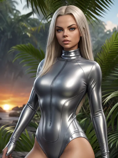 (JesseJane_v1:1.0), gorgeous blonde woman (JesseJane_v1:1.0), (wearing a grey silver pvc turtleneck swimuit:1.3), posing in an a...