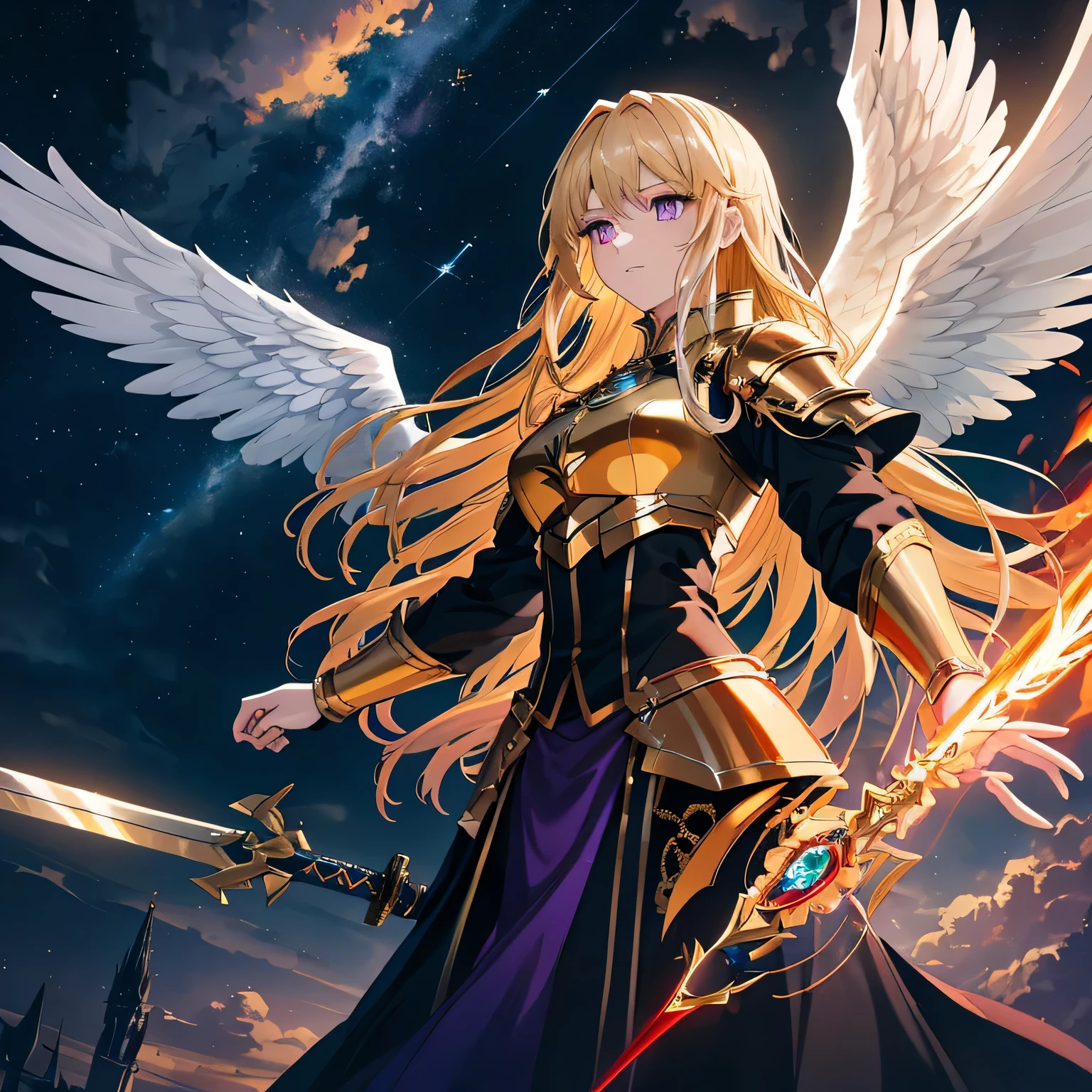 Number of people: 1 angel, Michael
Costume and color: golden armor with green and blue accents, interweaving yellow, silver, deep red, and purple in the details
Hair style and color: Long, flowing blonde hair, glowing like a flame
World View: Celestial battlefield, sacred and grandiose
Possessions and weapon details: long sword with the power to control flames, flames dance from the blade
Wing details: large wings that are golden and surrounded by an aura of flame
Emotion and movement: brave and determined expression, wings spread in a pose looking up to the heavens
Perspective and composition: looking up from a low vantage point, with Michael in the center
Background and colors: blue sky with the castle of the heavens in the distance, divine light shining through the clouds
Light and shadow: Light is emphasized with Michael in the center, while shadows softly spread out around him.
Others: Balanced placement with the golden ratio in mind
Tags: #strongest angel #michael #celestial #fire #golden armor #sacred light #golden ratio #high definition #fantasy art

Style: high-definition official artwork or highly detailed exquisite fan art style that trends on Art Station and Pixiv. Referencing Kushart Klenz's key art, feminine and Fate style, with a realistic anime 2.5D style and realistic anime girl style in mind. The main color is more gold, followed by green, and lastly blue. Yellow, silver, deep red, and purple all absolutely added.

Resolution: Aim for 8K or higher, with a bit depth of at least 24 bits for color. Aim for absurdres, top quality, realistic, hyper-realistic, ultra-detailed illustrations, using the golden ratio 1.2 and drawing board 1.3. Faces are in high definition and lighting is flawless.
