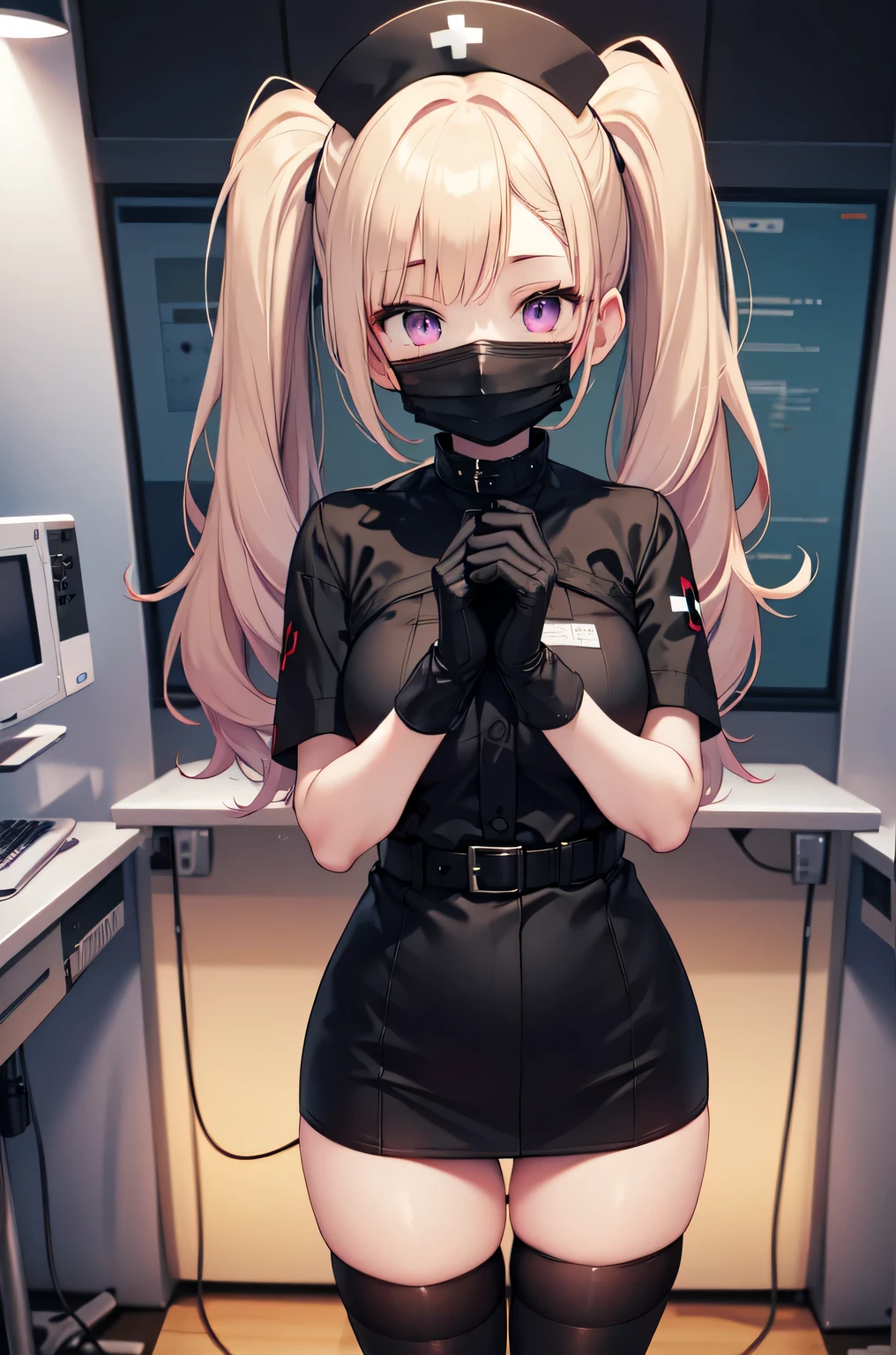 black nurse, 1girl, solo, black nurse cap, black nurse uniform, ((black legwear, zettai ryouiki)), black elbow gloves, twintails, yellow hair, purple eyes, ((black surgical mask, covered nose)), standing, ((surgery room)), sharp outline, short sleeves, best quality, masterpiece