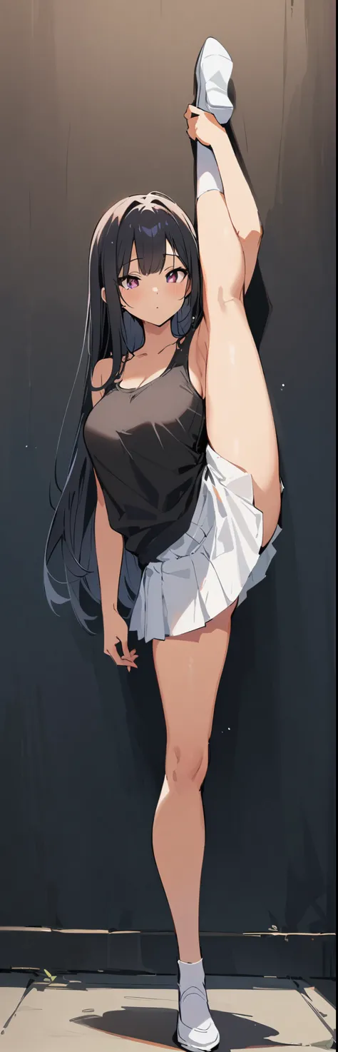 (masterpiece, highest quality:1.2), 1 girl, alone,Are standing_Split, 
Yuuki eats, long hair，Black sleeveless tank top，white skirt，