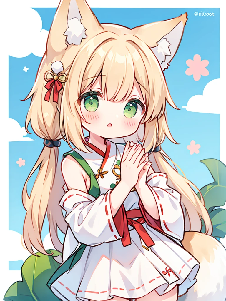 girl、short、Cropped bangs、fox ears、fox tail、Miko costume、green eyes