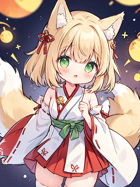 girl、short、cropped bangs、fox ears、fox tail、miko costume、green eyes