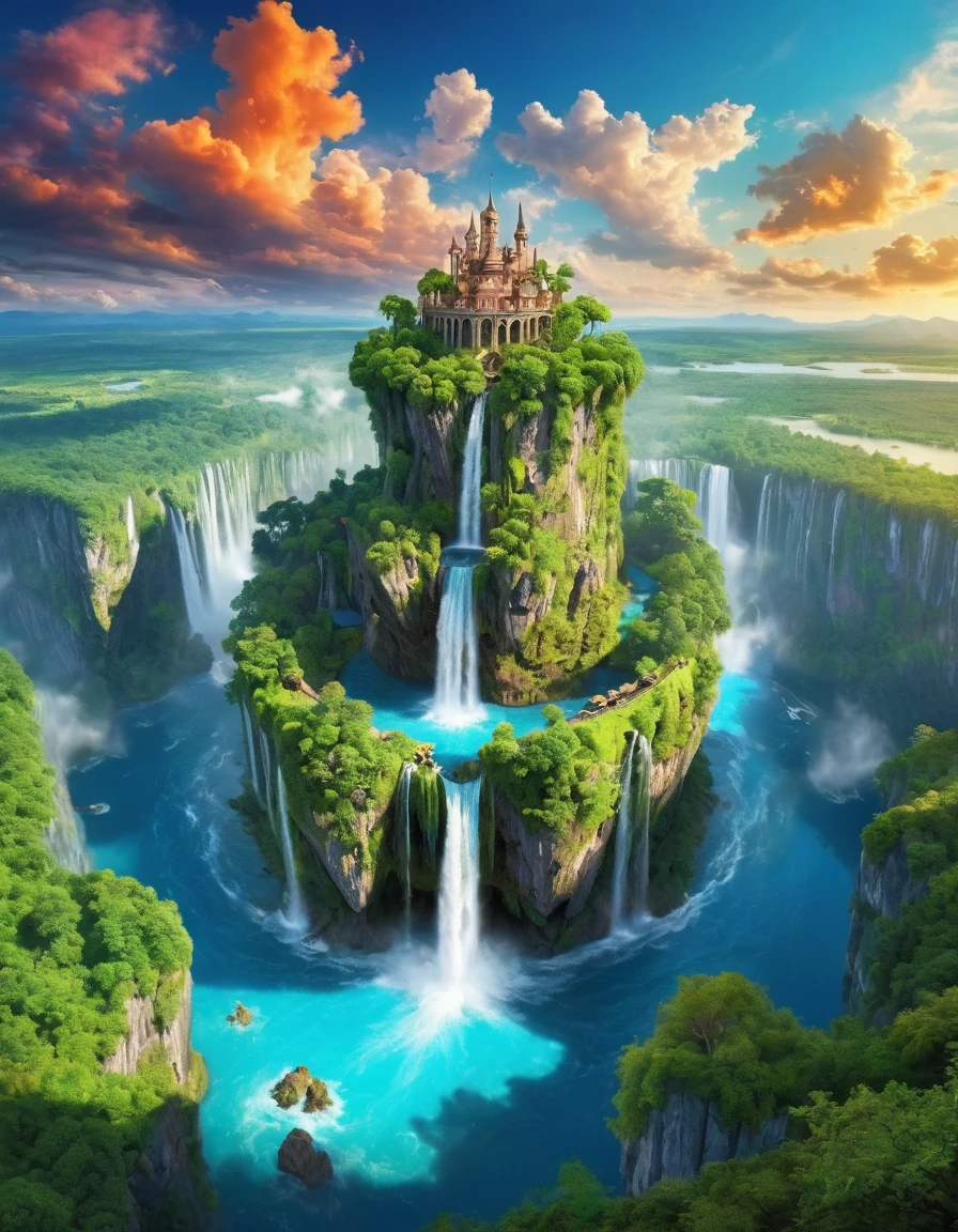 (masterpiece, best quality:1.2),artwork, top quality, better quality, flying island, Waterfalls cascading from the island, fantasy world, Spectacular panorama, Colorful clouds, Gorgeous colors,