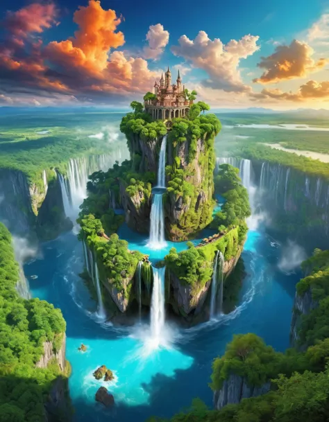 (masterpiece, best quality:1.2),artwork, top quality, better quality, flying island, Waterfalls cascading from the island, fanta...