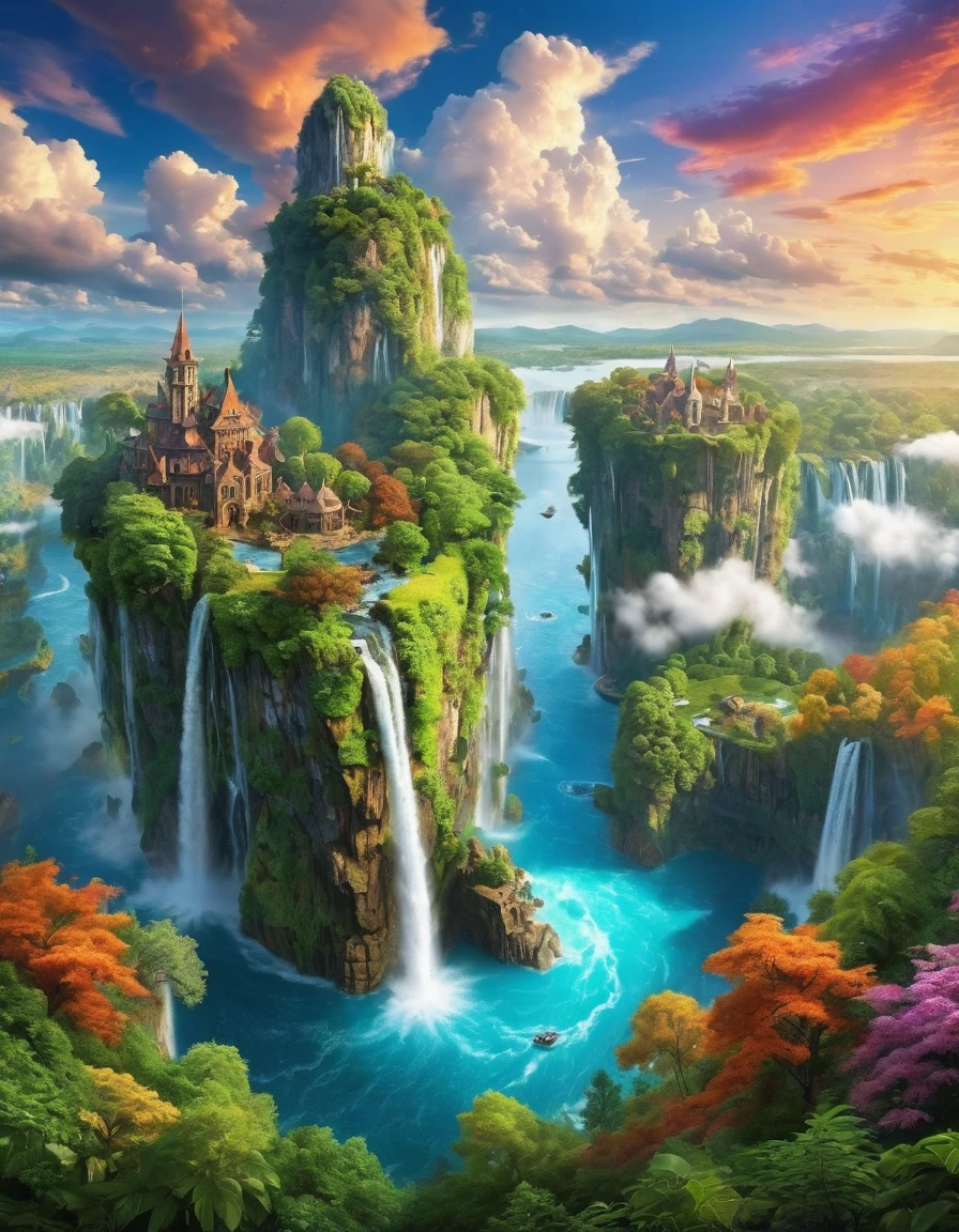 (masterpiece, best quality:1.2),artwork, top quality, better quality, flying island, Waterfalls cascading from the island, fantasy world, Spectacular panorama, Colorful clouds, Gorgeous colors,