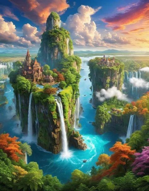 (masterpiece, best quality:1.2),artwork, top quality, better quality, flying island, Waterfalls cascading from the island, fanta...