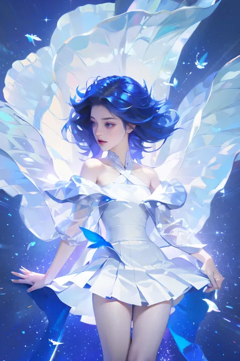 1 girl，clear water，blue butterfly，Pure white gauze skirt，sparkling，Upper body close-up
