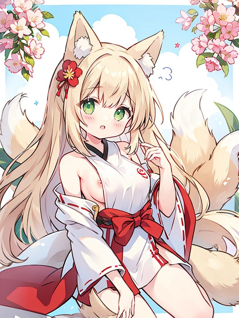 girl、short、Cropped bangs、fox ears、fox tail、Miko costume、green eyes、topless、nipple、nsfw