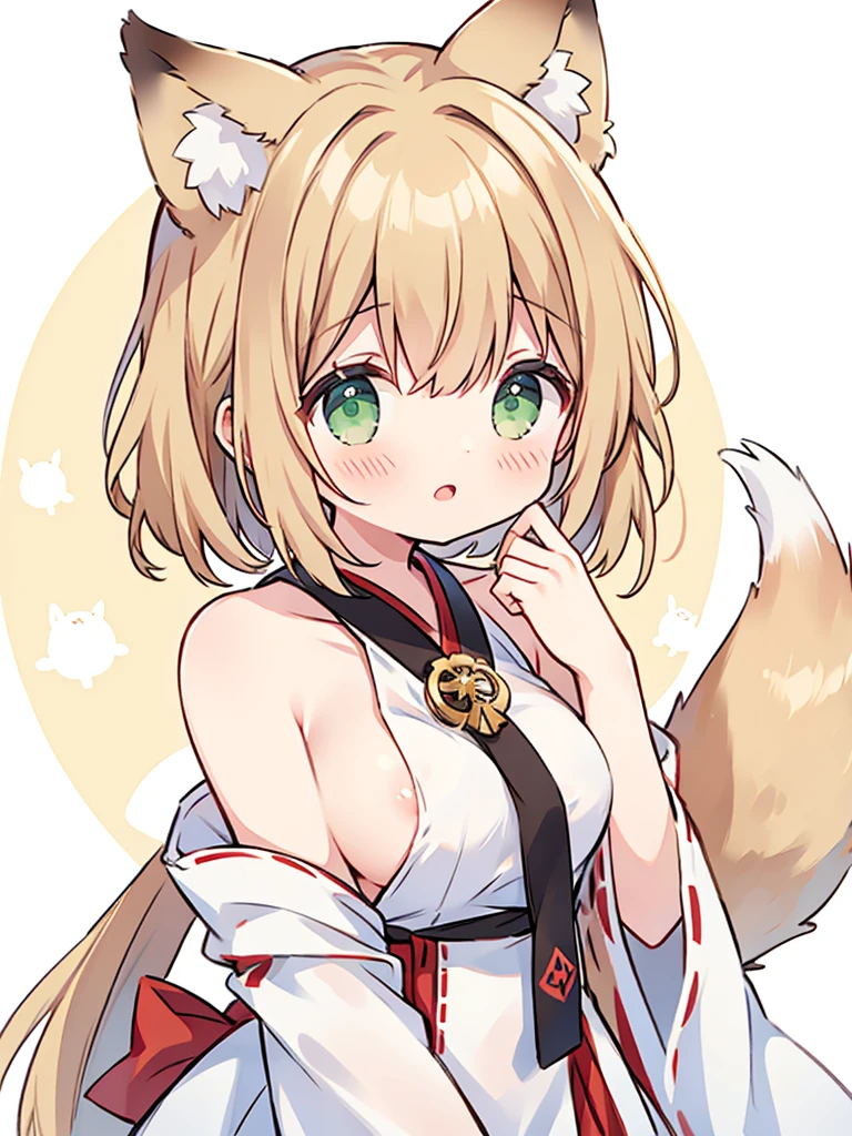 girl、short、Cropped bangs、fox ears、fox tail、Miko costume、green eyes、topless、nipple、nsfw