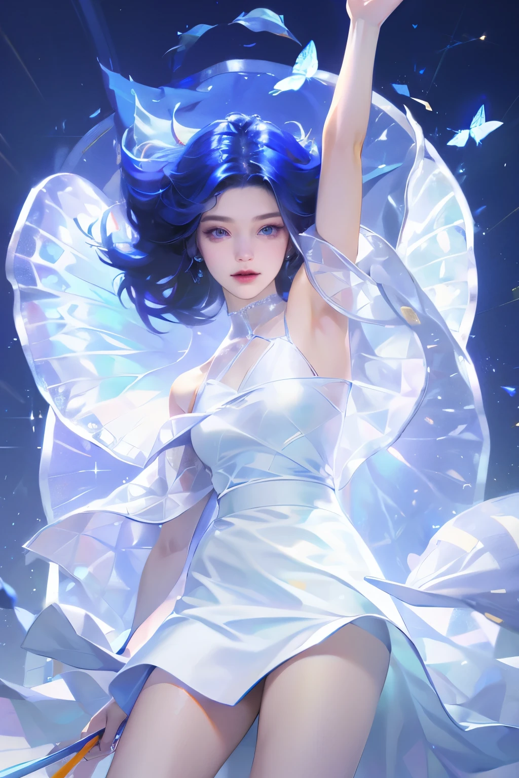 1 girl，clear water，blue butterfly，Pure white gauze skirt，sparkling，Upper body close-up
