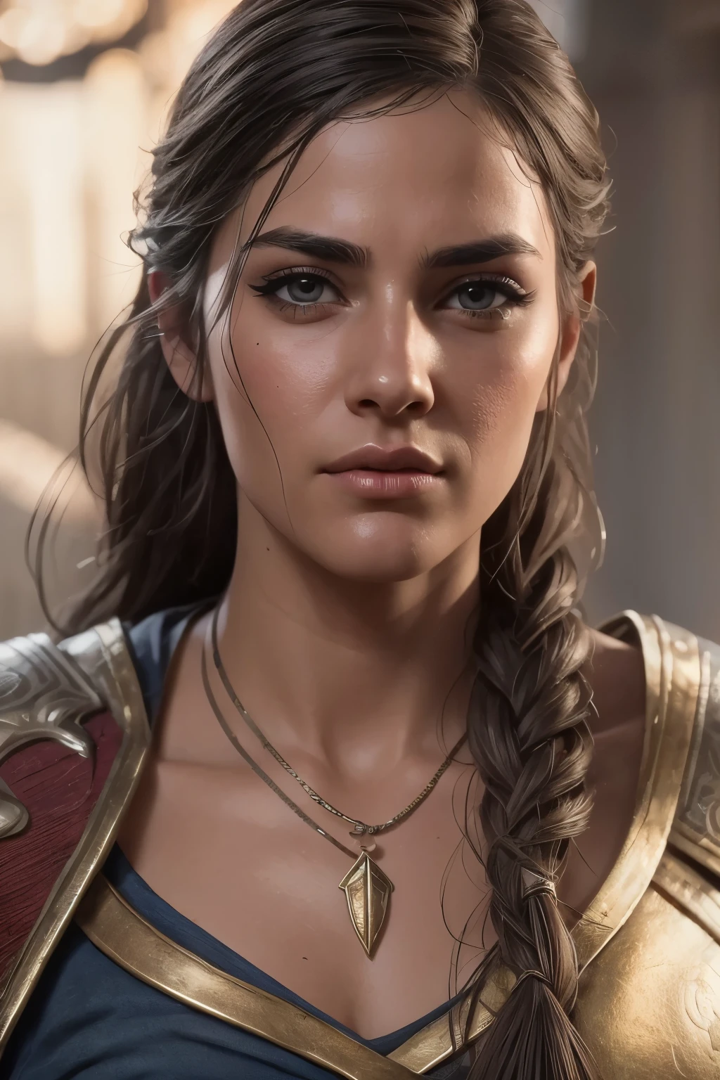 extremely detailed Kassandra Assassin's Creed Universe,Detailed Lips, Detailed Eyes, detailed eyelashes, detailed face, textured skin, super detail lighting, mid body shot, 