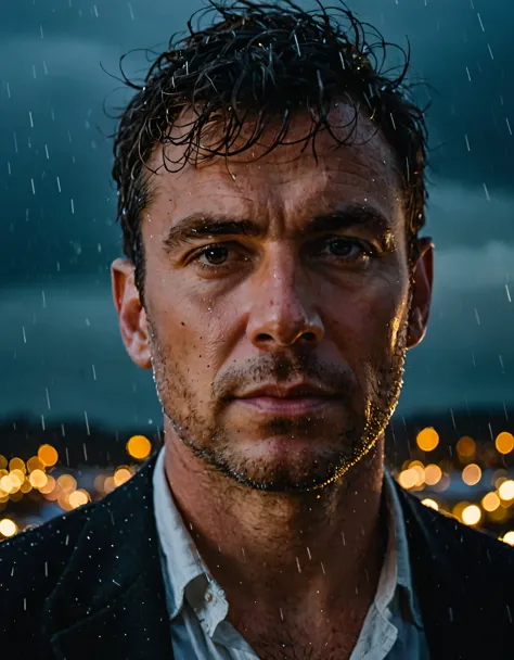 fairy lights, close-up portrait of a man, tense expression, stormy weather backdrop, dramatic lighting, reminiscent of ansel ada...