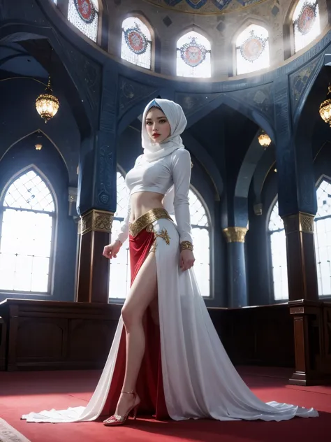long hijab, pretty, red lips, inside mosque, perfect face, blue eyes, perfect body, inside mosque, skirt, sexy, islamic 