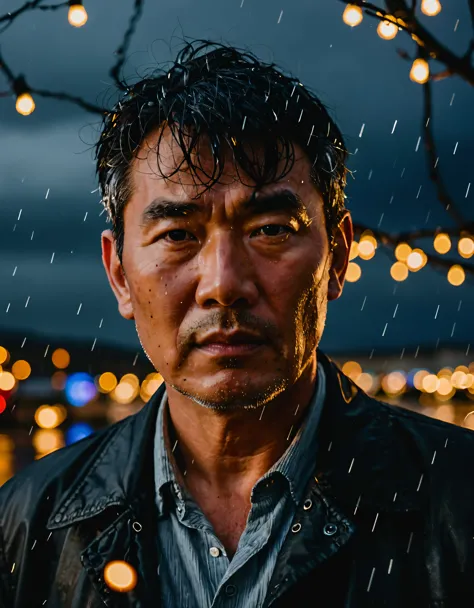 fairy lights, Close-up portrait of a man on his 55, corean, tense expression, stormy weather backdrop, dramatic lighting, remini...