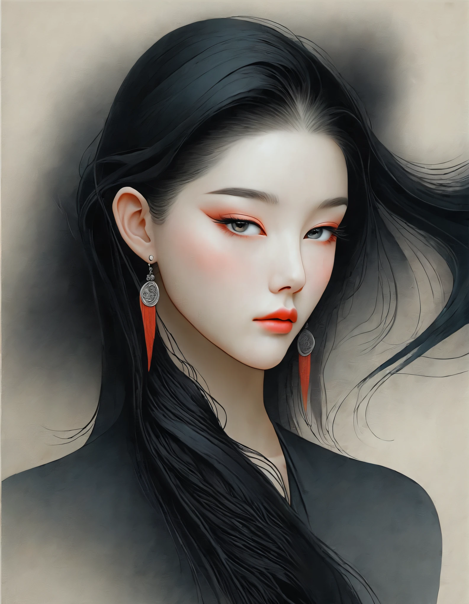 Close up of woman with tattoo on neck, long black hair，Black minimalist clothing，flowing hair，fair face，Foxy, slender, beautiful eyes，by Mei Qing, elegant digital art, A beautiful artistic illustration, author：Yang Jie, Beautiful digital illustrations, beautiful figure painting, 