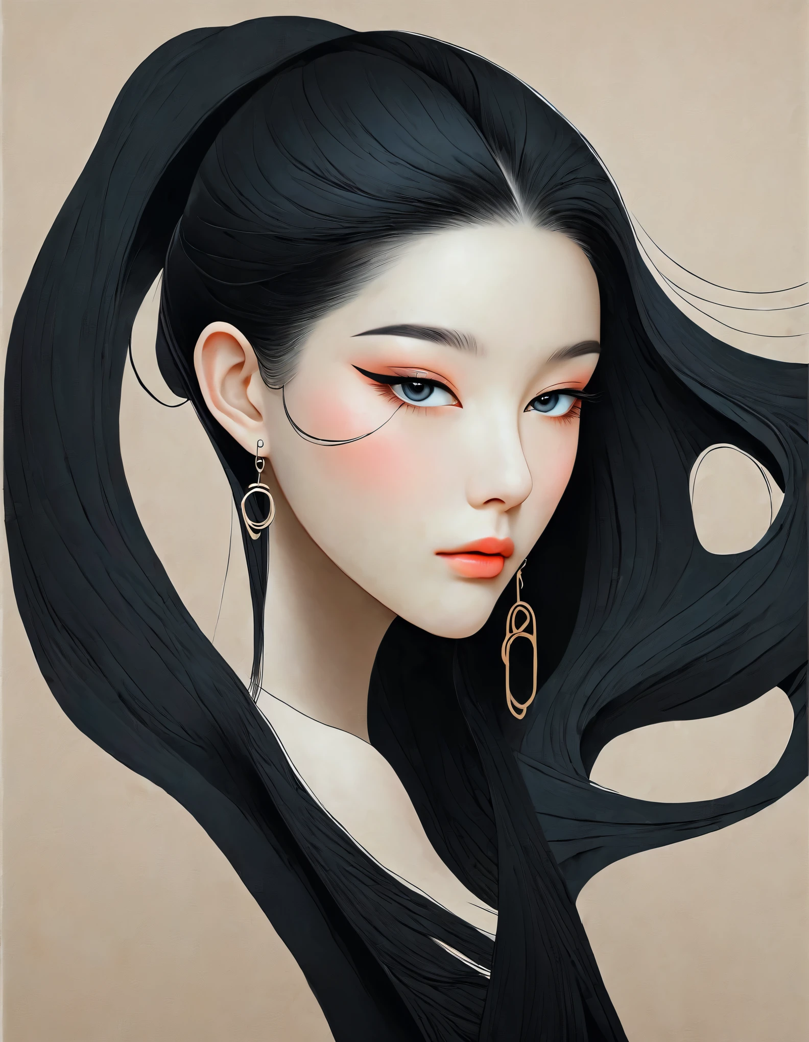 Close up de mulher com tatuagem no pescoço, cabelo preto comprido，roupas pretas minimalistas，Cabelo esvoaçante，cara justa，Raposa, delgado, Olhos lindos，por Mei Qing, arte digital elegante, Uma bela ilustração artística, autor：Yang Jie, lindas ilustrações digitais, bela pintura de figura, 