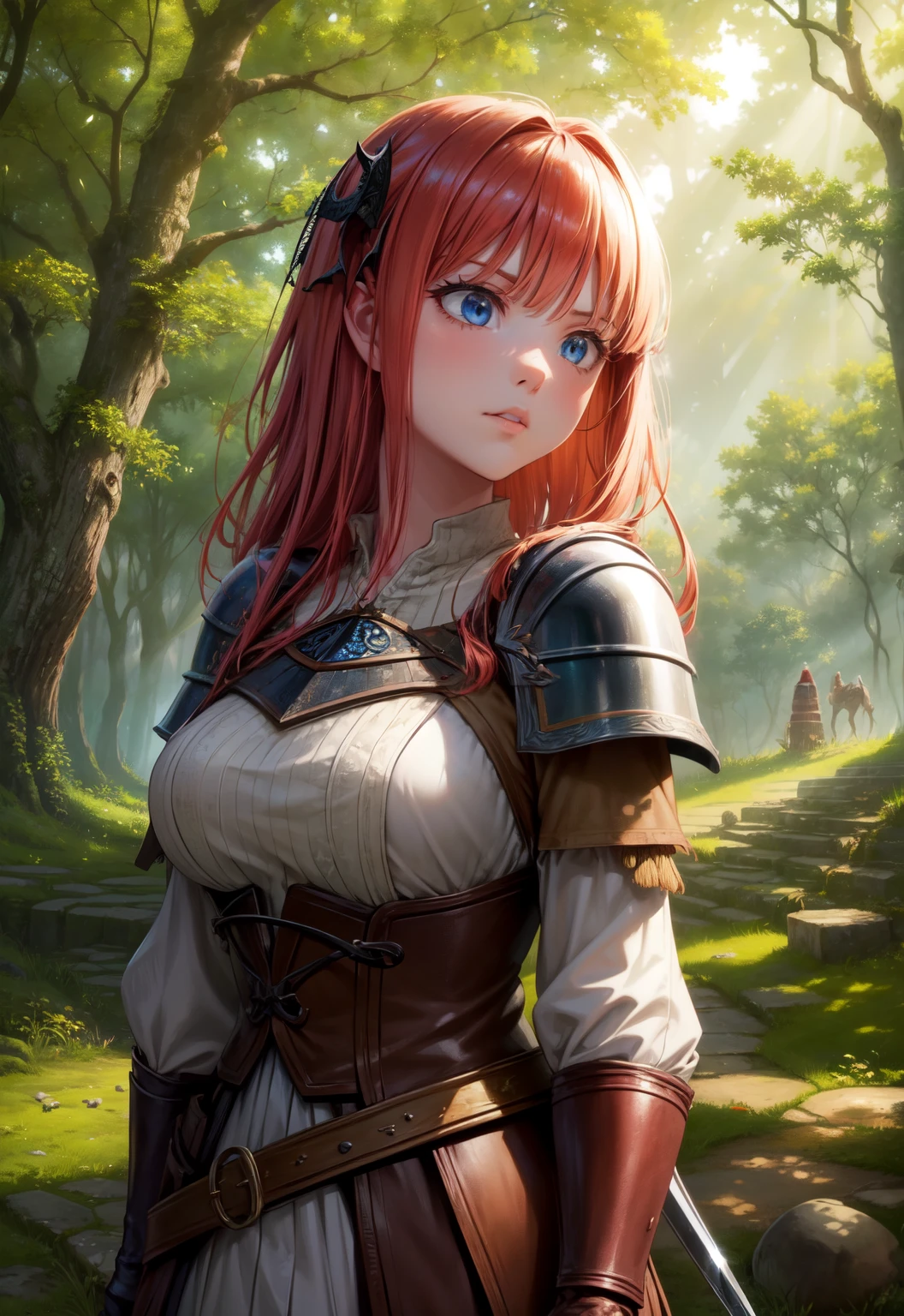 Nino Nakano, The Witcher's armor, anime girl,Woodland village
(best quality,4k,8k,highres,masterpiece:1.2),ultra-detailed, 
portraits, landscape, concept artists, fantasy, medieval,
armored, fierce yet beautiful, sword-wielding warrior, determined gaze, flowing red hair, slender figure,
detailed armor, intricately crafted plates, leather straps, polished metal, aged and battle-worn, enchanted symbols,
lush woodland, towering trees, dappled sunlight filtering through leaves, moss-covered ground, serene tranquility,
rustic village, cozy wooden houses, thatched roofs, smoke rising from chimneys, bustling market, villagers in medieval attire,
magical elements, shimmering spells, glowing orbs, mystical creatures lurking in the shadows,
warm color palette, earthy tones, vibrant greens, deep browns, hints of gold and silver,
soft, diffused lighting, sunbeams piercing through the trees, creating a magical atmosphere.