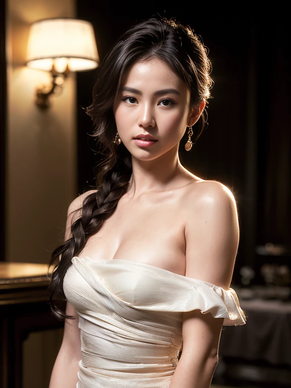 best quality, masterpiece, (photorealistic:1.4), 1girl, cowboy shot, luxury elegant bare shoulder  dress, dramatic lighting, hair over shoulders, white gloves, , luxury hall background, night, asian face, braid hair, small breasts