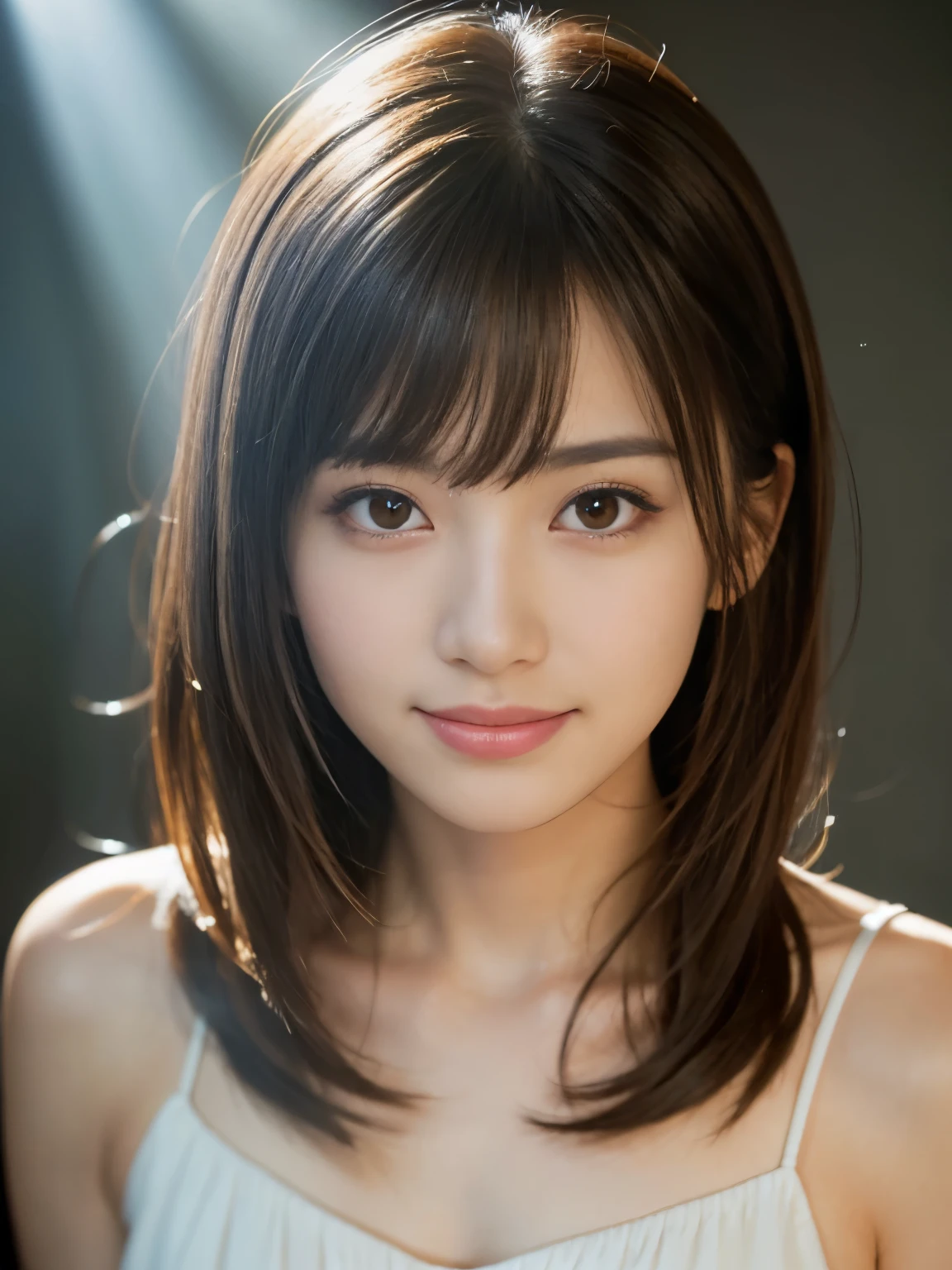 (highest quality,8K quality,masterpiece:1.3),(ultra high resolution,photorealistic:1.4,Live shooting),(Super detailed,caustics),(ultra-realistic capture,Beautifully detailed skin),19-year-old,beautiful Japanese, medium hair, messy hair, asymmetrical bangs, brown hair, Smiling and looking at the camera,soft light,A ray of light shining from above,Natural light,