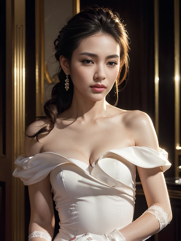 best quality, masterpiece, (photorealistic:1.4), 1girl, cowboy shot, luxury elegant bare shoulder  dress, dramatic lighting, hair over shoulders, white gloves, , luxury hall background, night, asian face, braid hair, small breasts