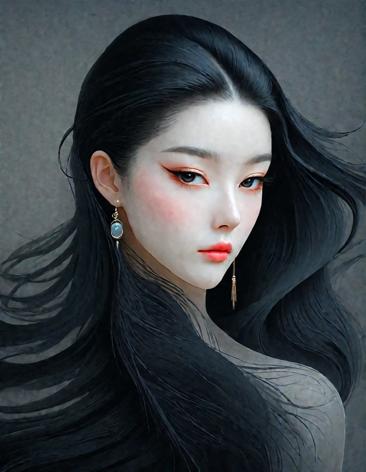 Close up of woman with tattoo on neck, long black hair，Black minimalist clothing，flowing hair，fair face，Foxy, slender, beautiful eyes，by Mei Qing, elegant digital art, A beautiful artistic illustration, author：Yang Jie, Beautiful digital illustrations, beautiful figure painting, 