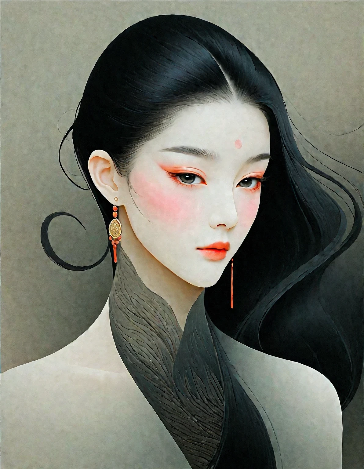 （Close up of woman with lotus tattoo on neck）, long black hair，Black minimalist clothing，Flowing hair vignette，fair face，Foxy, slender, beautiful eyes，by Mei Qing, elegant digital art, A beautiful artistic illustration, author：Yang Jie, Beautiful digital illustrations, beautiful figure painting, 