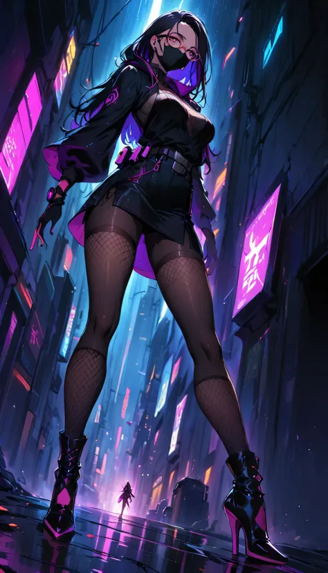 Cyberpunk female ninja，(face mask)，long hair，beautiful detailed face，(Glasses)，stylish shoes，Neon-lit cityscape，futuristic gadge...
