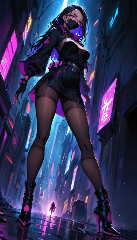 cyberpunk female ninja，(face mask)，long hair，beautiful detailed face，(glasses)，stylish shoes，neon-lit cityscape，futuristic gadge...