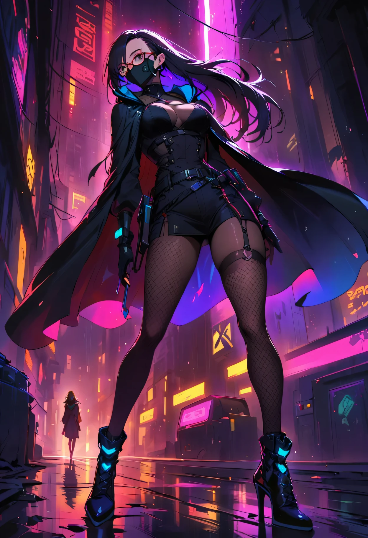 Cyberpunk female ninja，(face mask)，long hair，beautiful detailed face，(Glasses)，stylish shoes，Neon-lit cityscape，futuristic gadgets，Stylish cybernetic enhancements，belt，(Hanging high-tech dagger)，Black leather tights，Hooded tactical cape，fishnet stockings，Shadows and reflections，Heavy rain and steamy alley，medium：cartoon，studio lighting，Vibrant colors，Defocused