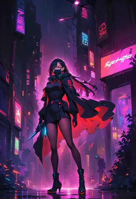 Cyberpunk female ninja，(face mask)，long hair，beautiful detailed face，(Glasses)，stylish shoes，Neon-lit cityscape，futuristic gadge...