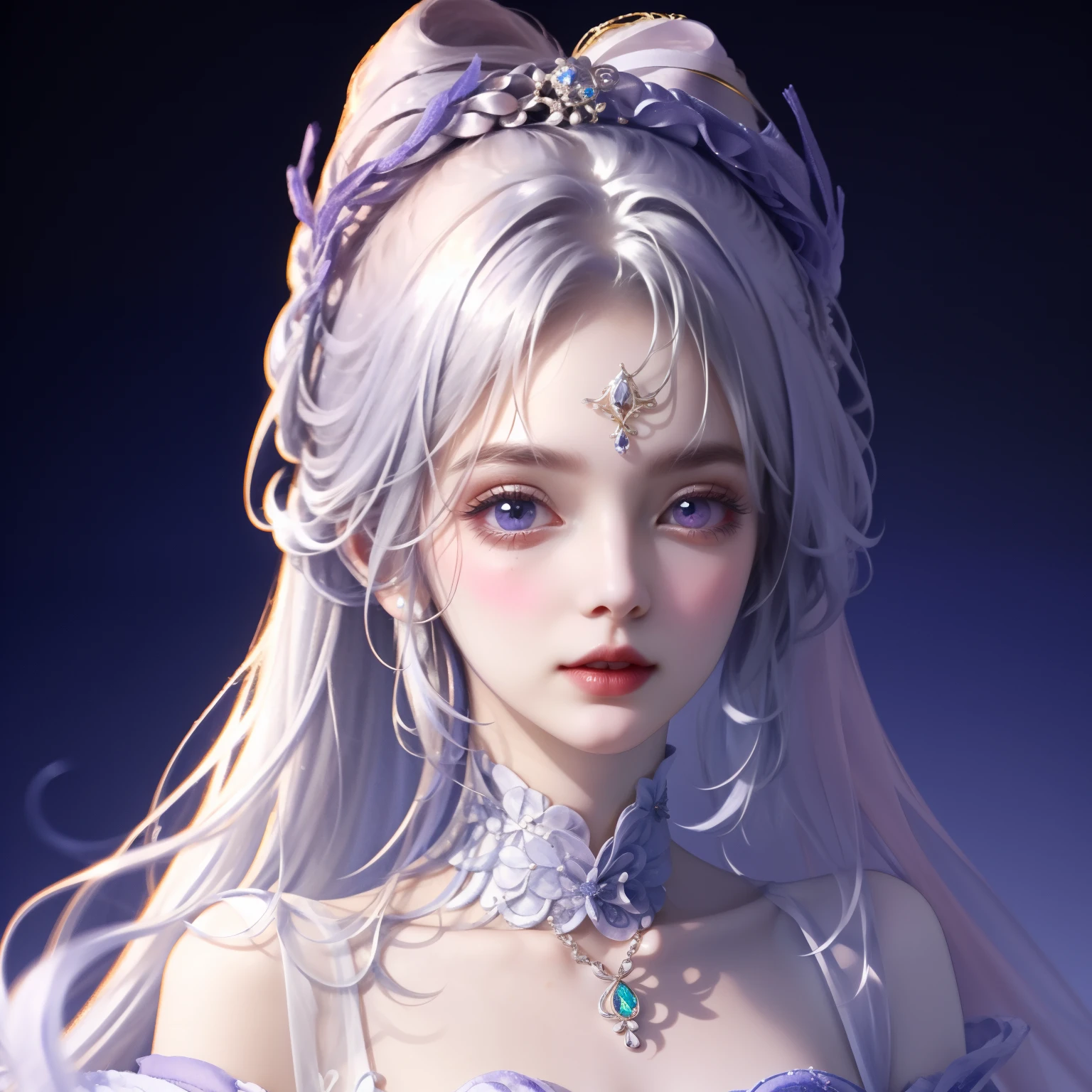 Hair covered with beautiful and delicate floral arrangements, Crystal jewelry filigree，jewelry，Super detailed details，beautiful noble girl，Gray hair elegantly tied up，(((silver)))，gold。blue and purple clear eyes，crystal，illusion
