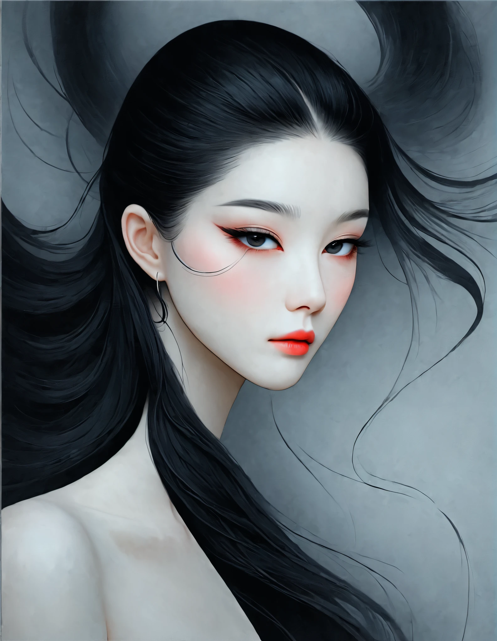 목에 문신을 한 여자의 클로즈업, 긴 검은 머리，블랙 미니멀리스트 의류，흐르는 머리카락，공정한 얼굴，여우 같은, 날씬한, 아름다운 눈，제작: Mei Qing, 우아한 디지털 아트, 아름다운 예술적인 일러스트레이션, 작가：양 지에, 아름다운 디지털 일러스트레이션, 아름다운 인물화, 