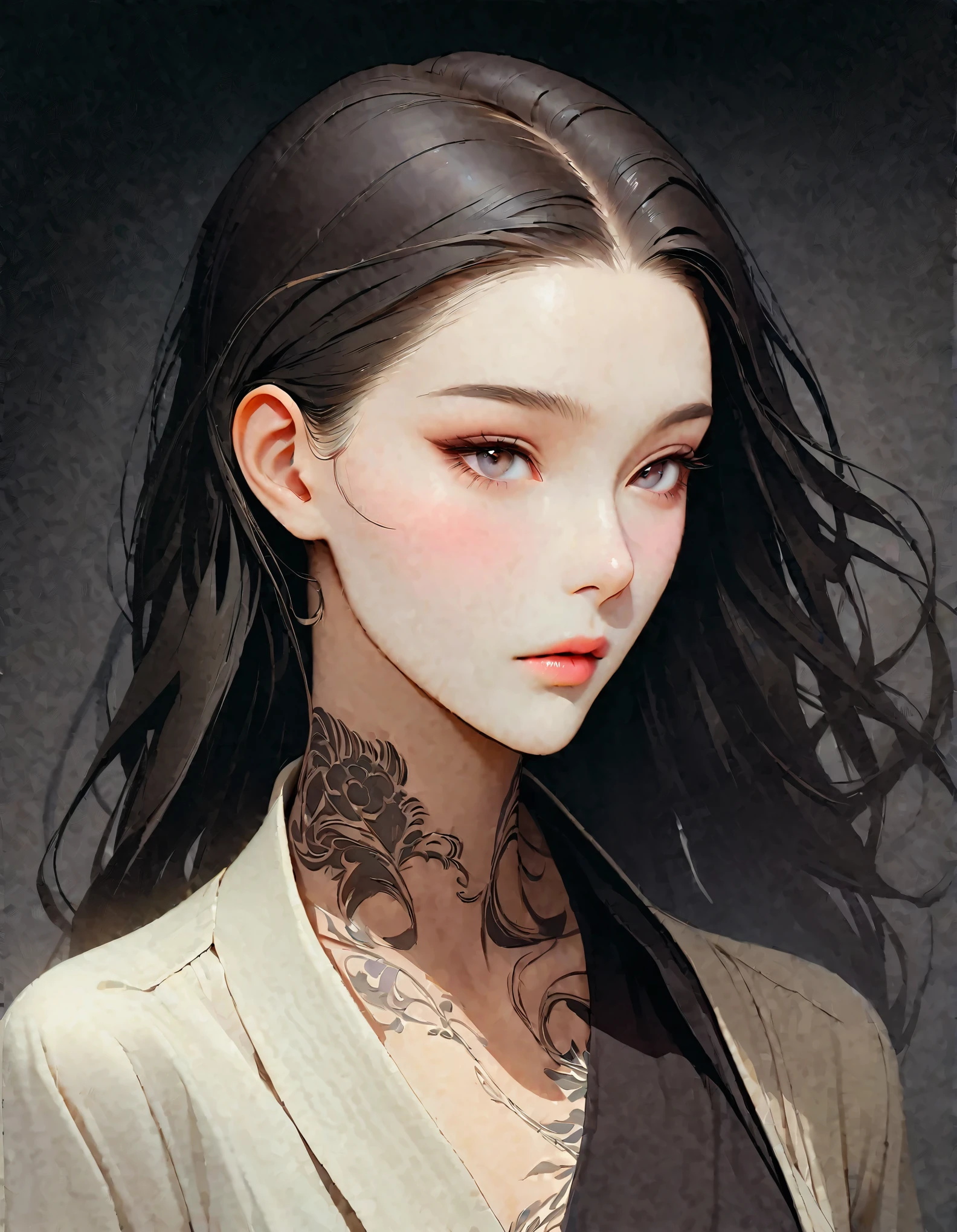 Close up of woman with tattoo on neck, long black hair，Black minimalist clothing，flowing hair，fair face，White and smooth skin，Foxy, slender, beautiful eyes，by Mei Qing, elegant digital art, A beautiful artistic illustration, author：Yang Jie, Beautiful digital illustrations, beautiful figure painting,Ultra HD clear，super high quality，Gouache painting combined with photography