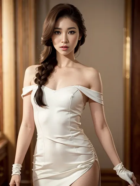 best quality, masterpiece, (photorealistic:1.4), 1girl, cowboy shot, luxury elegant bare shoulder  dress, dramatic lighting, hai...