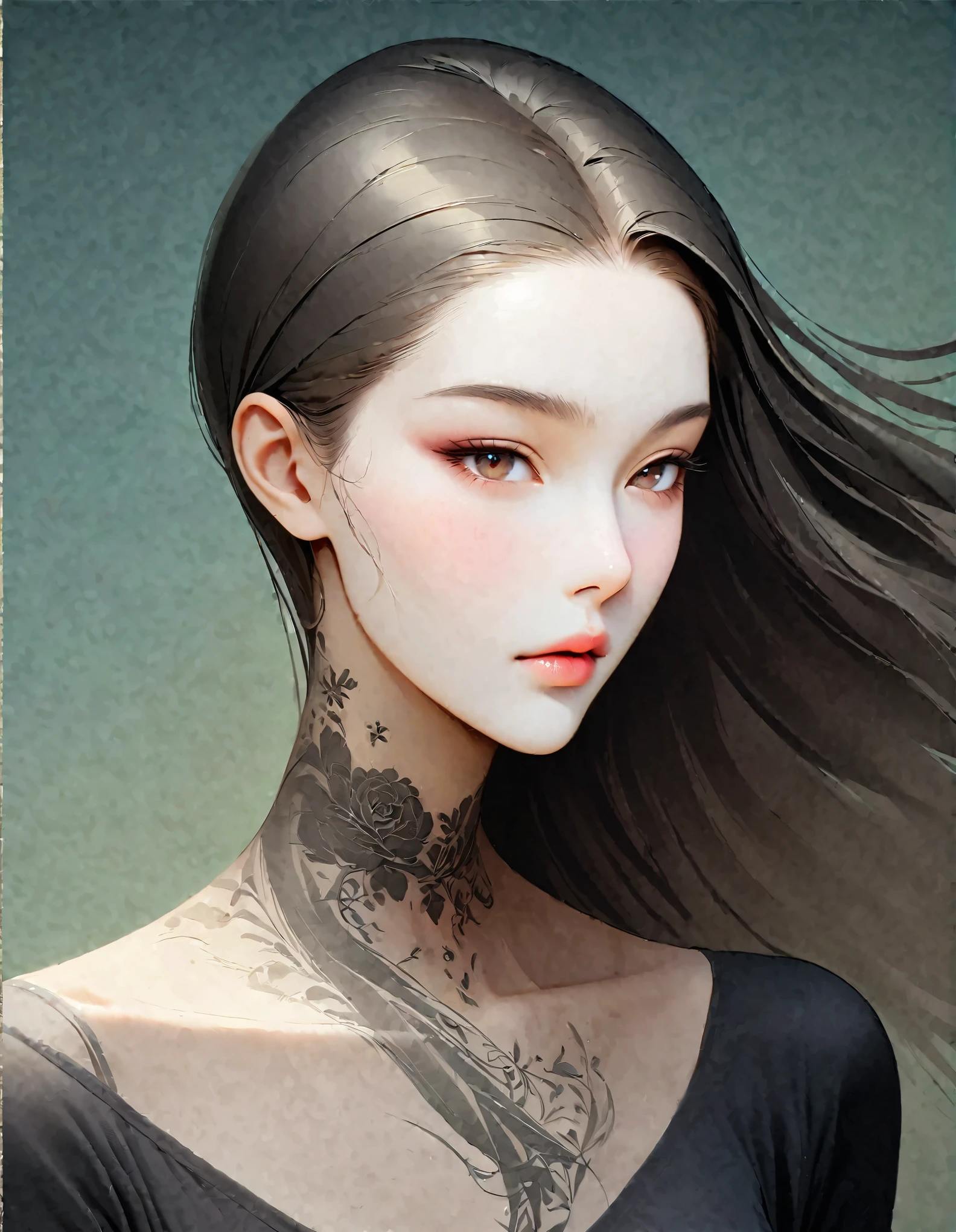 Gros plan d&#39;une femme avec un tatouage sur le cou, longs cheveux noirs，Vêtements minimalistes noirs，Cheveux flottants，Beau visage，Peau blanche et lisse，Rusé, mince, Beaux yeux，par Mei Qing, art numérique élégant, Une belle illustration artistique, auteur：Yang Jie, De belles illustrations numériques, belle peinture de figurines,Clair Ultra HD，super haute qualité，Peinture à la gouache combinée à la photographie