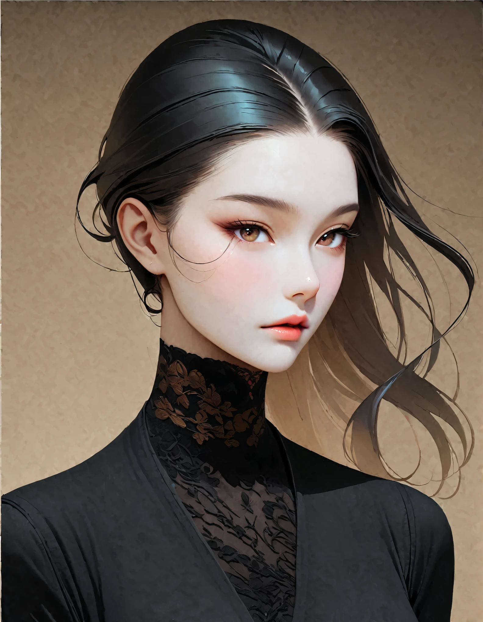 Nahaufnahme einer Frau mit Tattoo am Hals, langes schwarzes Haar，schwarze minimalistische Kleidung，wallende Haare，schönes Gesicht，Weiße und glatte Haut，schlau, slender, wunderschöne Augen，von Mei Qing, elegante digitale Kunst, Eine wunderschöne künstlerische Illustration, Autor：Yang Jie, Wunderschöne digitale Illustrationen, schöne Figur Malerei,Ultra HD klar，Super Qualität，Gouachemalerei kombiniert mit Fotografie