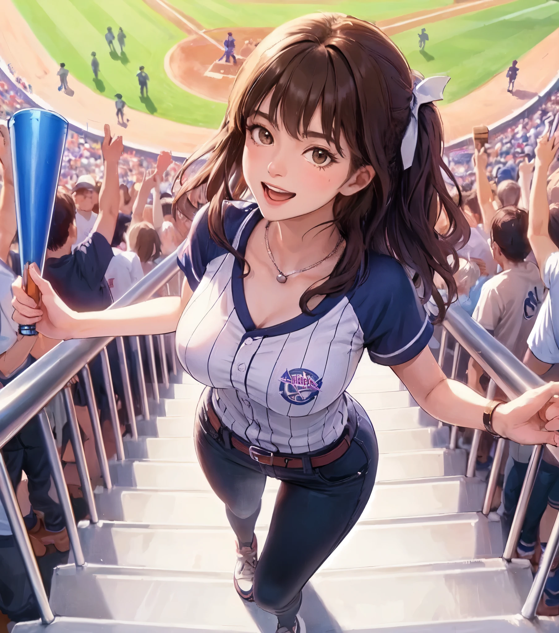 1lady solo, from above, standing on stairs, leading crowd in cheers, (baseball uniform shirt), jeggings, mature female, /(brown hair/) bangs, (happy smile:0.8), (open mouth), (masterpiece best quality:1.2) delicate illustration ultra-detailed, large breasts, hands spread wide BREAK (holding noisemaker) in hand BREAK (baseball stadium) outdoors, lawn, audience, detailed background