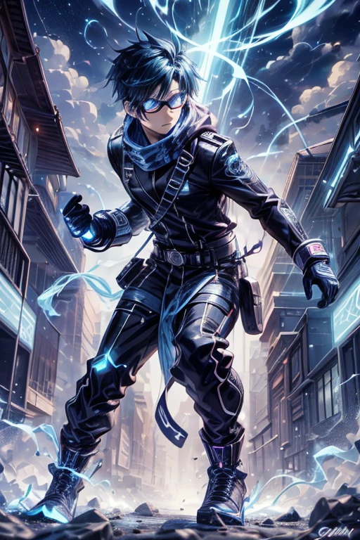A typical hero in an urban anime. a stylish yet practical outfit, possibly consisting of a combination of modern streetwear and futuristic elements. They could have spiky or stylized hair, often in bold colors like blue or red, and might wear a signature accessory such as goggles or a scarf. Their physique is usually fit and athletic, reflecting their active lifestyle and readiness for action. They might also have striking eyes, conveying determination and resolve. Overall, their appearance combines elements of coolness, functionality, and a hint of edginess.