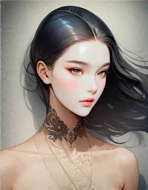 Close up of woman with tattoo on neck, long black hair，（Beautiful lotus tattoo on neck）Black minimalist clothing，flowing hair，fa...