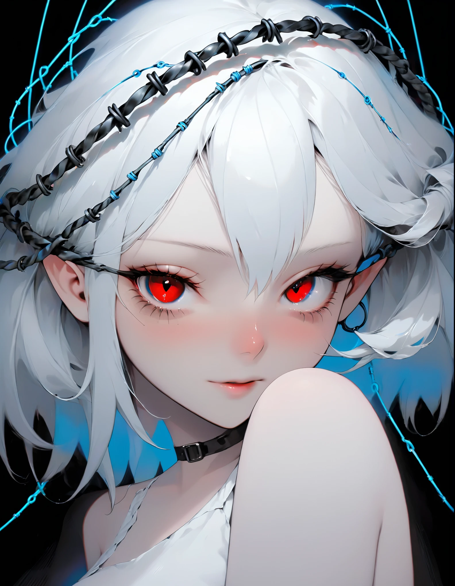 Beautiful young white-haired woman with piercing red and blue eyes, half smile with full lips, black nails, barbed wires everywhere(coiled black barbed wires),read eyes,blue eyes, (different eyes), (heterochromia)